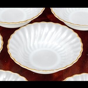 GOLD TRIM & WHITE MILK GLASS ANCHOR HOCKING GLASS SWIRLED BOWLS,  SET OF TWELVE